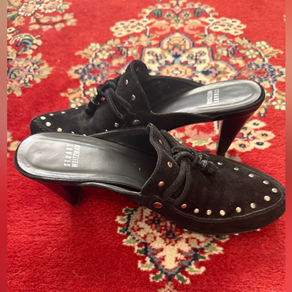 Stuart Weitzman Black Studded Heel Mules